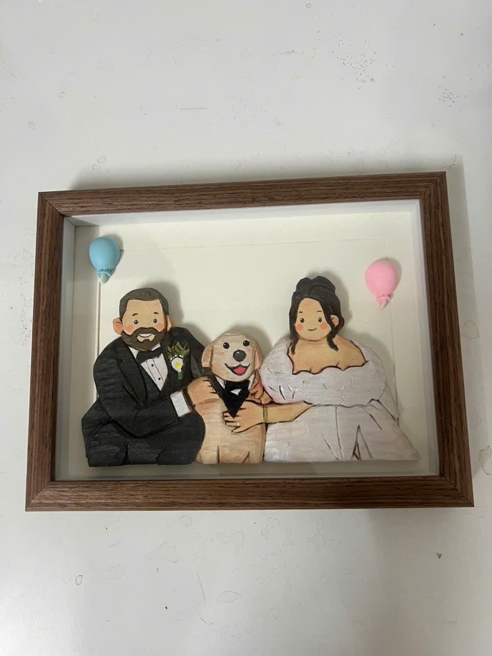 Finished custom wedding portrait shadow box with couple and dog