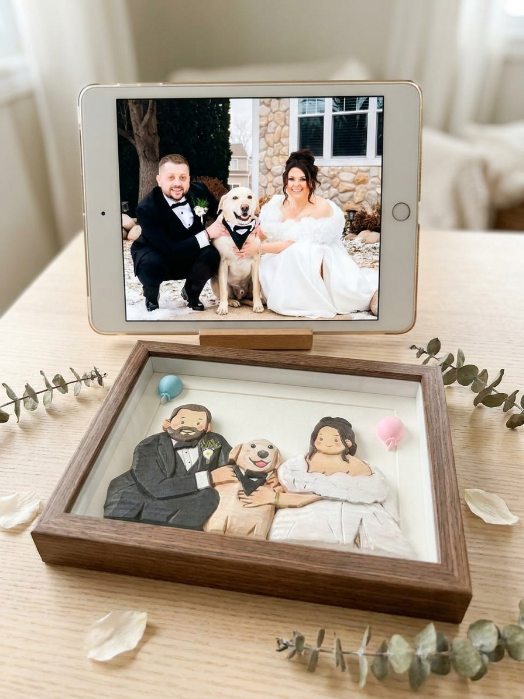Wedding couple and dog portrait shadow box displayed with source photo
