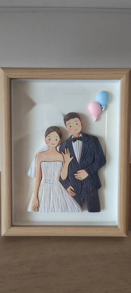 Custom wedding couple portrait shadow box with blue and pink balloons