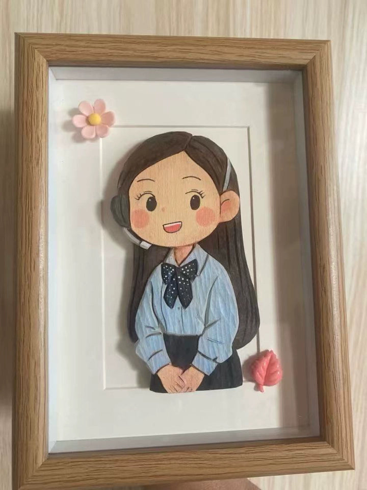Custom portrait shadow box of a woman holding flowers
