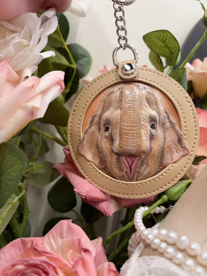 Custom elephant portrait leather keychain styled with pink roses and pearls