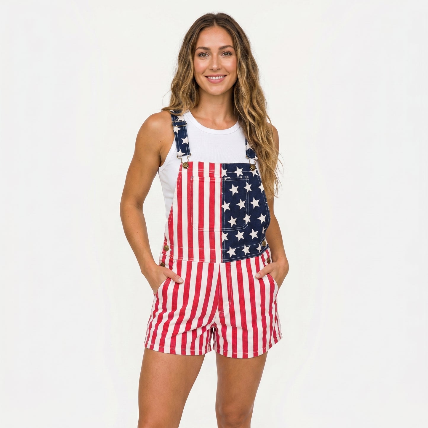 Unisex's American Flag Stars & Stripes Bib Overall Shorts