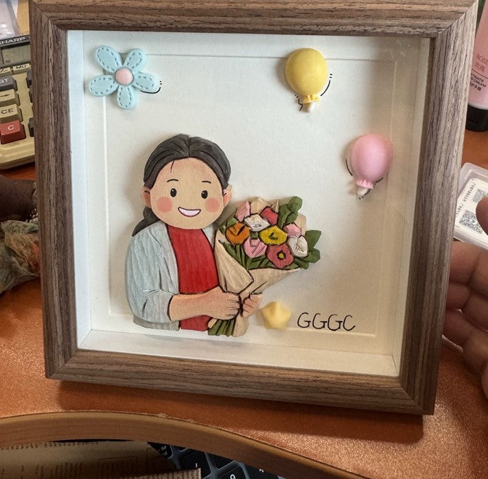 Custom portrait shadow box of two friends with flowers and balloons