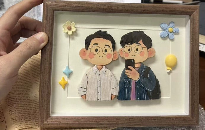Custom family portrait shadow box with two adults and two kids