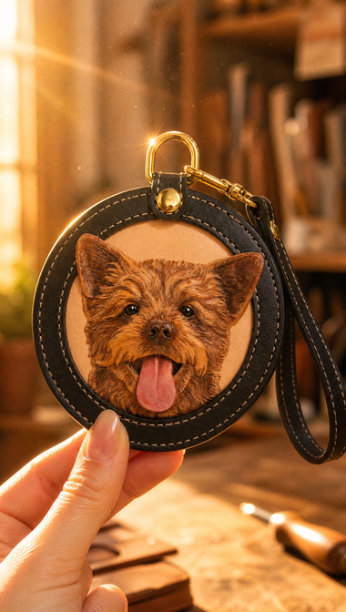 Hand holding finished pet portrait keychain in warm workshop light