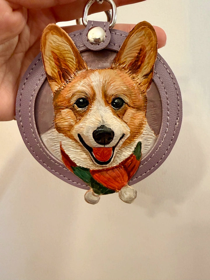 Corgi portrait with red bandana on violet leather keychain